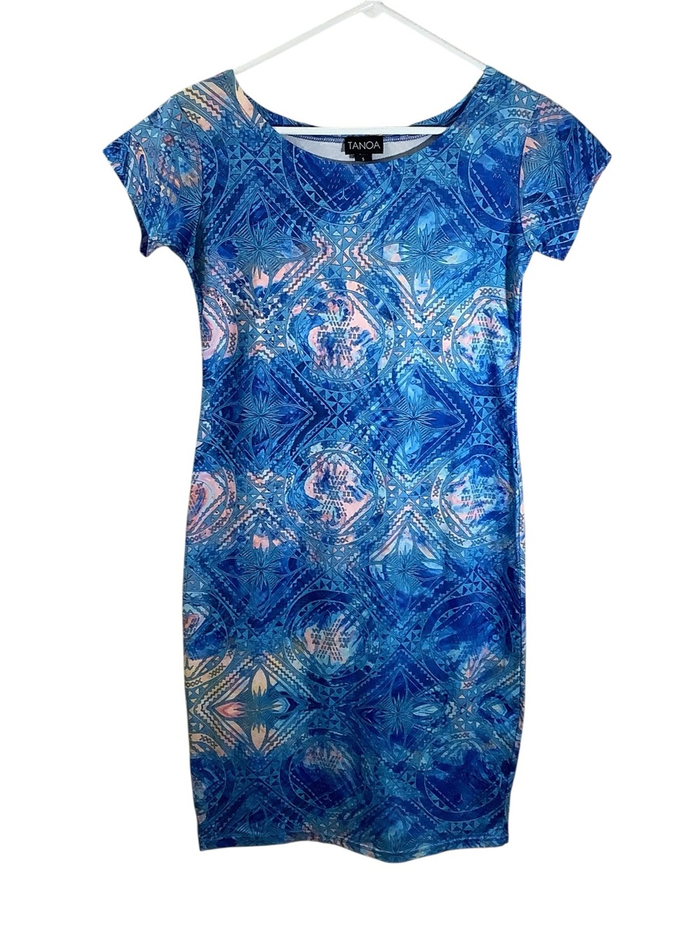 Tanoa Blue and Pink Geometric Midi Dress Lightweight Stretch